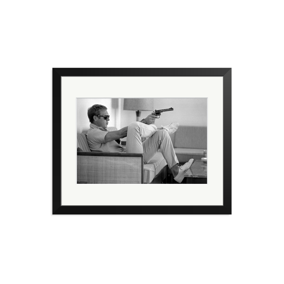 Steve McQueen Aims a Pistol Framed Print Black Medium