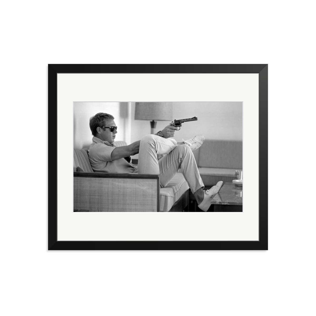 Steve McQueen Aims a Pistol Framed Print Black Large