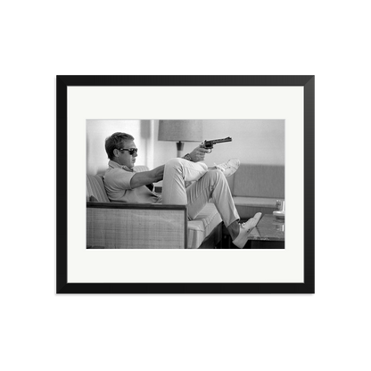 Steve McQueen Aims a Pistol Framed Print Black Large