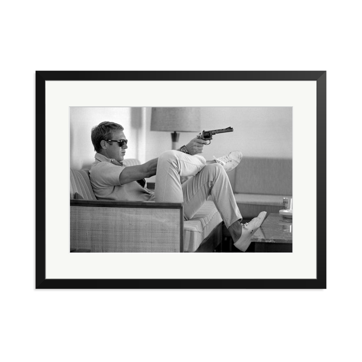 Steve McQueen Aims a Pistol Framed Print Black XL