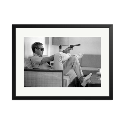 Steve McQueen Aims a Pistol Framed Print Black XL