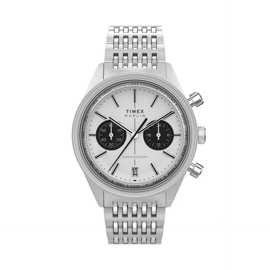 Timex Marlin Jet Chronograph Watch Stainless Bracelet White Dial