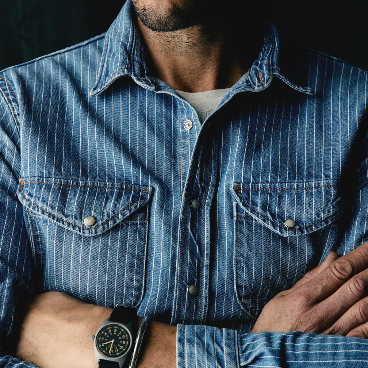 Imogene+Willie hayes indigo stripe pearl snap